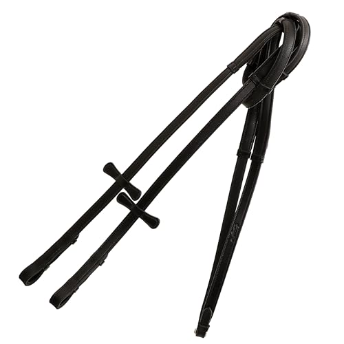 ExionPro Soft Leather Loop Reins with Hand Stops and Martingale Stoppers | Buckle Fastening | Black, Havana Brown Option - Over, Full, Cob, Pony, Black, Vegetable Tanned Leather (Advance Rider)-Full