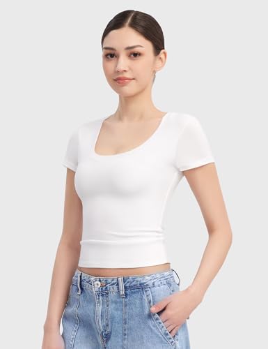 PUMIEY Women's T Shirts Short Sleeve Scoop Neck Basic Going Out Tops Fashion Slim Fit Tee Smoke Cloud Pro Collection3