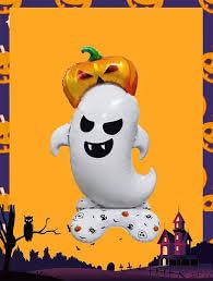 Image of AMFIN (Pack of 1) Self Standing Halloween Ghost Funny Balloon with Pumpkin Hat - 47 inch Tall Self-Standing Foil Balloon | Giant Inflatable Air Balloon - White