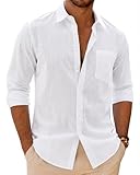 siliteelon White Shirt Men Linen Shirts Mens Long Sleeve Cotton Casual Regular Fit Solid Lightweight Beach Summer Clothes with Pocket M