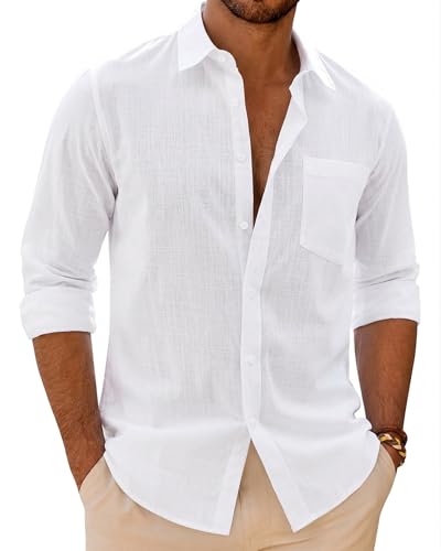 siliteelon Mens White Linen Shirt Long Sleeve Cotton Casual Regular Fit Adult Lightweight Beach Summer Tops with Pocket L