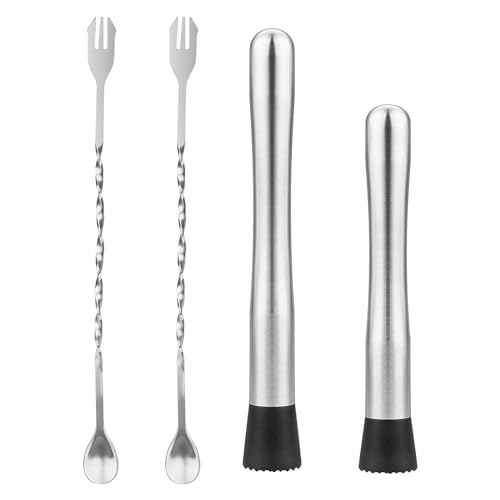 QEEYON Juego de Cucharas de Bar y Palillos de Cóctel de Acero Inoxidable, Cuchara Mezcladora con Apisonador, Juego de Mortero de Mojito de 9,8 Pulgadas con 4 Unidades