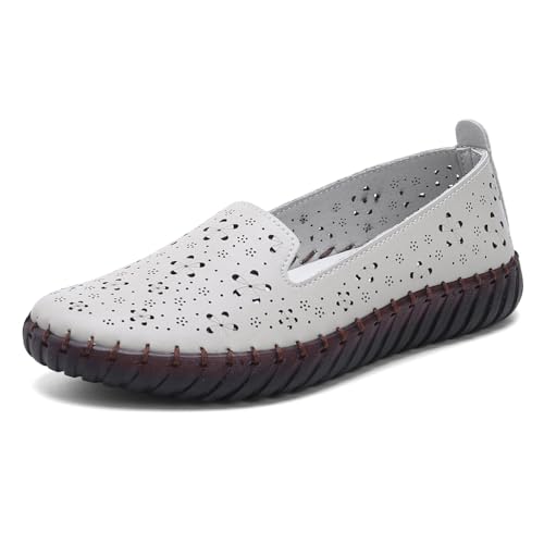 Image of Women's Summer Slip On Loafers, Breathable Perforated Hollow Cutout Flats, Comfortable Vegan Leather Walking Work Shoes for Women, Heart Floral Geometric Pattern Soft Sole Casual Summer Footwear