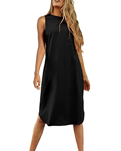 Image of Dyexces Summer Dress for Women Crew Neck Short Sleeve Solid Basic T-Shirts Casual Midi Dresses with Pocket