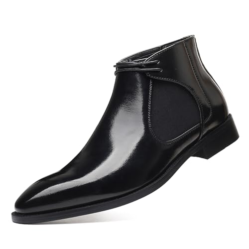 Men's Patent Leather Lace-up Chelsea Boots,Fashion Slip-on Classic Business Dress Boots,Waterproof Low Heel Casual Ankle Booties
