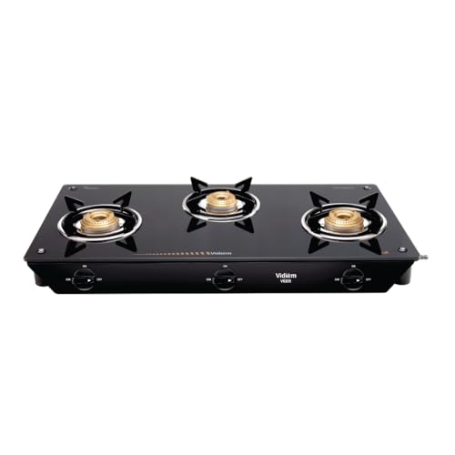 Image of Vidiem VEER 3 Burner Gas Stove with 7mm Toughened Glass Top | Jumbo, Medium & Small Brass Burners | Spill Proof Drip Trays | Heavy Duty Pan Supports | 5 Year Warranty | Manual Ignition