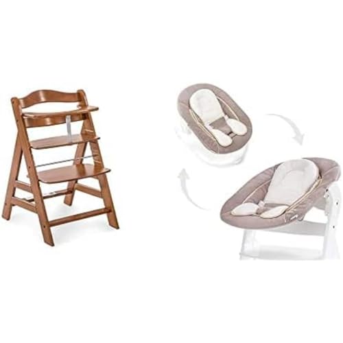 Hauck Newborn Set (2 Piezas): Trona Alpha desde 6 meses hasta 90 kg, evolutiva, altura regulable, en marrón oscuro + Hamaca (con cojin reductor liso) en beige