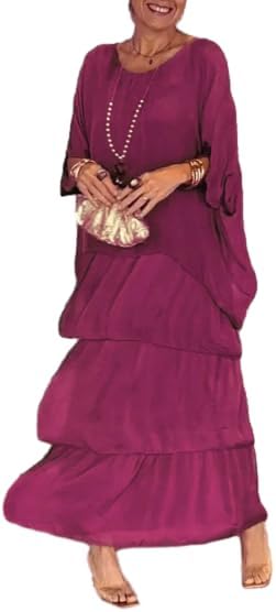 OSCORP Women's Batwing Sleeve Maxi Dress Loose Casual Tiered Ruffle Boho Dress Elegant Flowy Long Gown