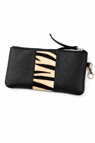 Image of Tee Ess Genuine Leather Multipurpose Pouch with Zebra Print Accent, Black, Handheld Wallet Organizer for Phone, Cards, Cash, Coins (Black Zebra)