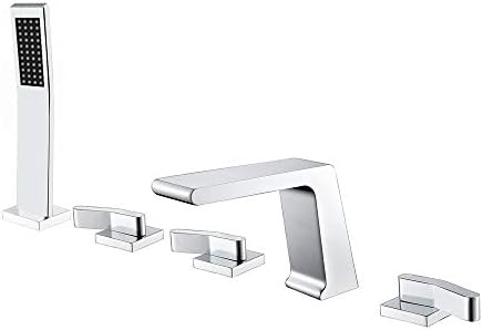 JiaYouJia Waterfall Deck Mount Roman Tub Faucet with Hand Shower Widespread Bathroom Faucet with Handheld Sprayer Solid Brass Bathtub Filler in Polished Chrome