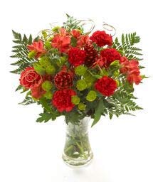 Sendabunch Fresh Christmas Flowers Bouquet - Consists of Chrysanthemums, Red Alstromeria, Red Carnations with Seasonal Foliage - Box of Chocolates and Ebook Guide Included - 10 Day Freshness Guarantee