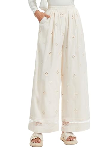 Women's Wide Leg Cotton Palazzo Pants with Eyelet Embroidery Elastic Waist Lace Trim2
