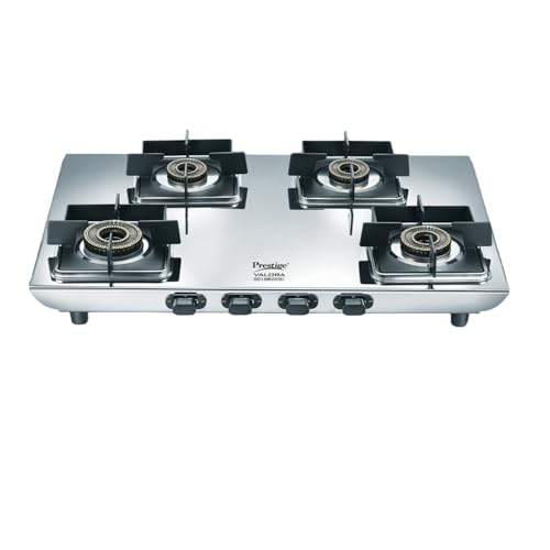 Image of Prestige Valora 04B Stainless Steel Body L.P. Gas Stove 4 Brass Burners Silver|Wind Guard Pan Support|360 Revolving Nozzle|Removable Spill Tray