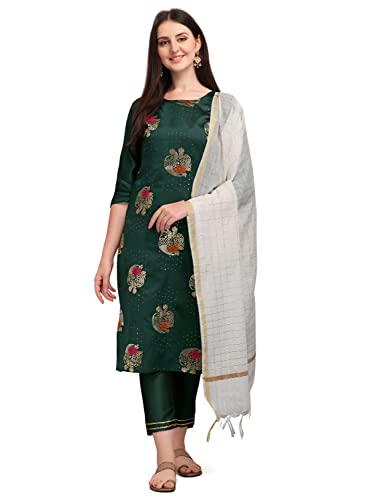 Image of VredeVogel Cotton Silk Blend Straight Embroidery Kurta Pant and Dupatta Set for Women