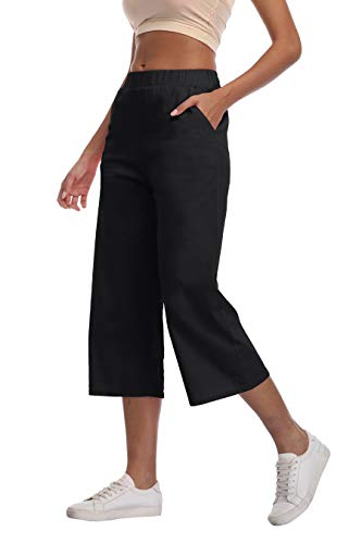 LIGHTBACK Womens Casual Loose Elastic Waist Cotton Trousers Crop Wide Leg Pant Linen Capri Black