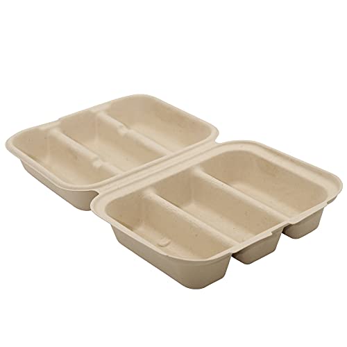 3 Compartment Taco Container Compostable Clamshell - Hot Dog Container, Biodegradable Takeout Box, Unbleached, Three Compartment - Concessions, Taco Trucks, Hot Dog Stands, Delivery, Take out (100)