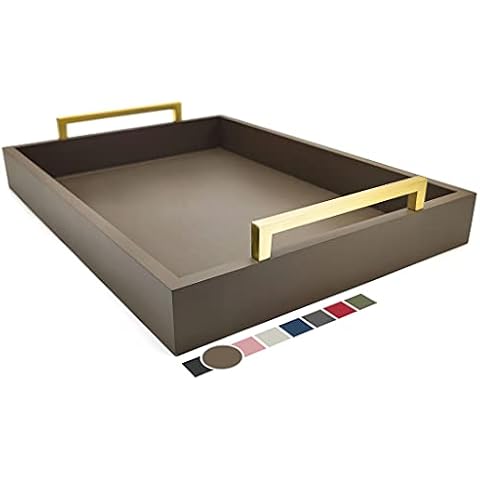 Montecito Home Decorative Coffee Table Tray - Ottoman Tray - Breakfast, Drinks, Liquor Serving Platter - from Farmhouse to Modern - Matte Finish - Champagne Gold Handles - Mocha Cover