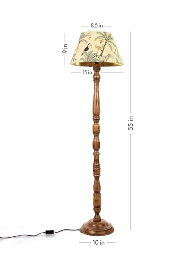 Green Girgit Wwoden Floor Lamp in Walnut Brown Color with Multicolor Taper Green Lamp Shade | Light Decoration for Home | Living Room & Bedroom Bedside Floor Lamp | Wooden Lamp