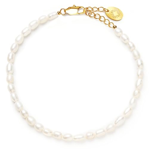 Adjustable Freshwater Pearl Bracelet for Women, 3-4mm x 5-6mm Rice-Shaped Pearls, 18K Gold PVD-Coated Stainless Steel