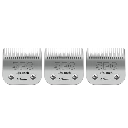 ZATEIRL 3-Pack 5FC Detachable Dog Grooming Clipper Blades Silver Stainless Steel Compatible with Andis Oster A5 Wahl KM10 Moser Heiniger 1/4 (6.3mm) Cut Length