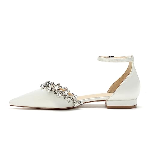Pointed Toe Satin Wedding Flats for Bride Comfortable Rhinestones White Wedding Shoes Low Heels Bridal Flats Evening Prom Party Dress Shoes Pumps for Women3