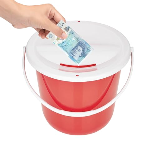Charity Collecting Fundraising Donation Money Bucket with Lid and Security Ties (Red)