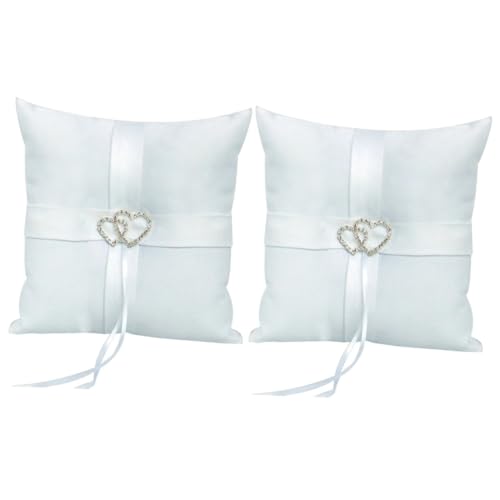 KOMBIUDA 2pcs Double Heart Pillow for Wedding Ceremony Satin Ribbon Decorated Design with Strap for Page Boy Bridal Accessory