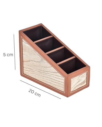 Image of Premsons Remote Holder Artificial Leather with Wooden Finish - 4 Section Tabletop Organizer for TV, AC & Office Desk Accessories - Compact & Stylish Storage Solution for Home & Office - Orange