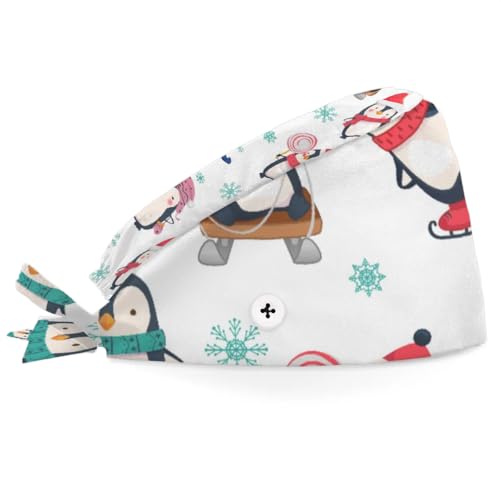 Mularoka Cartoon Penguins Skiing Working Caps with Button Sweatband Comfortable Adjustable Bouffant Hats Work Hat for Women Men