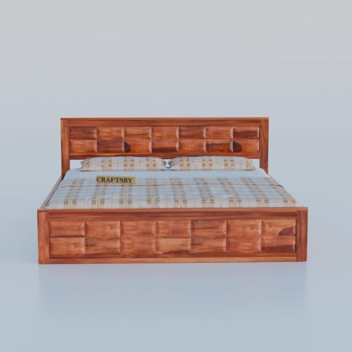 Image of Solid Sheesham Wood King Size Bed with Storage | Wooden Double Bed Cot for Bedroom & Home | Palang Double Bed with Designer Headboard | Honey Finish | 81 x 74 Inch