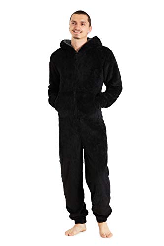Herren Fleece Overall Schlafanzug Mit Kapuze - Winter Thermo Einteiler Jumpsuit