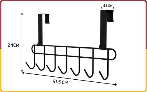 Image of Amiraj Multi-Alloy Steel Over-The-Door Hook Hanger Rack | No Drilling Required, 7 Hooks for Bedroom, Bathroom & Kitchen Doors | Hanging Organizer, Black (Pack of 1)