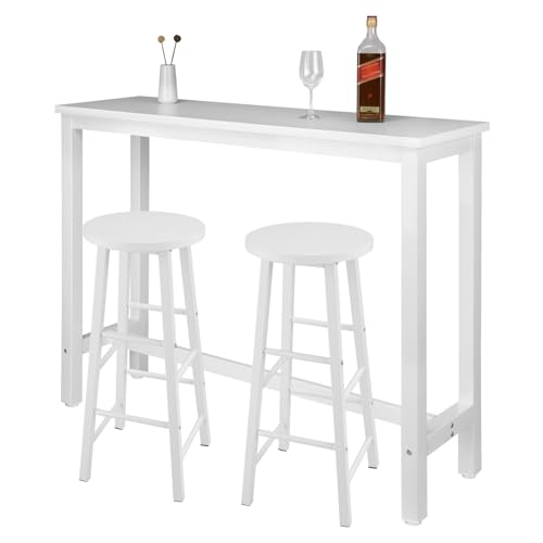 WOLTU Mesa Alta de Barra Cocina, Mesa Bar con 2 Taburetes de Bar, Juego de Comedor para Bar, Comedor, Isla Cocina, Taburetes Redondos, Estructura de Metal, Diseño Industrial, Blanco