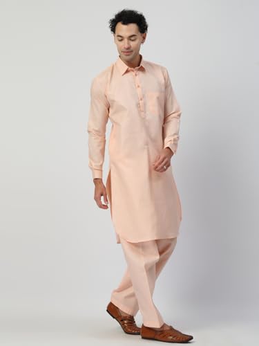 Image of Men's Traditional Pathani Kurta Salwar Set, Red, Long Sleeve, Collared Neck, Cotton Blend, Ethnic Wear