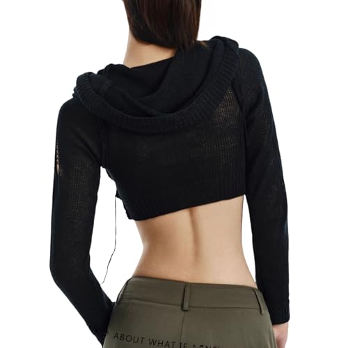 Image of Women Knitted Hoodie Sweater Vest Sexy Sleeveless Hollow Out Hooded Crop Top Streetwear Rave Oufit