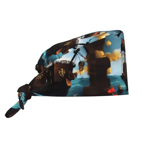 GaxfjRu Gorras quirúrgicas con forro de satén y diseño de barco pirata de dibujos animados, gorras quirúrgicas ajustables para hombres y mujeres, color negro, Negro, Talla única