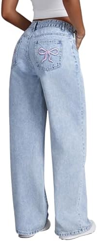 Fulihug Jeans for Teens Girls Baggy Wide Leg Elastic Waist Bowknot Embroidery Denim Pants Y2K Trendy Streetwear 12-16Y Light Blue