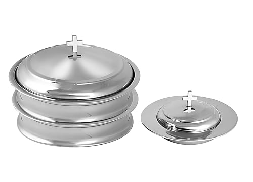 Communion Ware - 2 bandejas para servir vino sagrado con tapa y 1 plato de pan apilable con tapa, acero inoxidable (espejo/plateado)