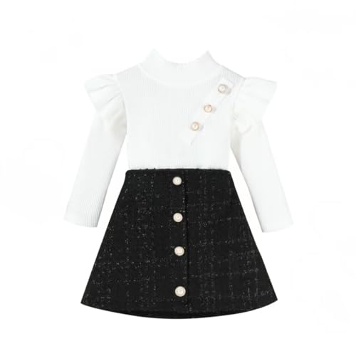 Toddler Baby Girls Ruffle Long Sleeve Knit Sweatshirt + A-Line Plaid Tweed Pattern Mini Skirt Fall Winter Clothes Set(Black,18-24M)