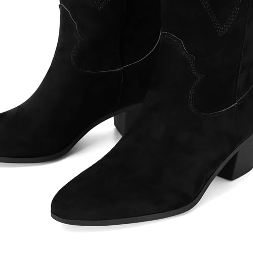 Image of STALOV Cowboy Boots for Women Pull On Chunky Heel Boots Knee High Cowgirl Boots Western Pointed Toe Boots Embroidered Suede Boots