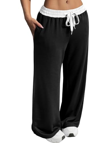 Herseas Women's Contrast Color Waistband Sweatpants Wide Leg Pants with Drawstring Buckle