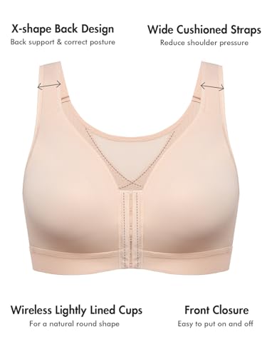Delimira Women'S Natrelax Front Closure Bras Posture Lightly Padded Plus Size Wireless Full Coverage Bra Beige 44D thumb #4