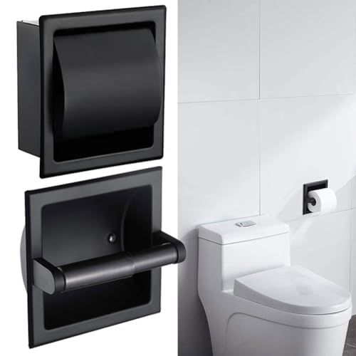 Drivstraw Portarrollos de papel higiénico empotrado para baño, acero inoxidable 304, dispensador de rollos de pared, diseño oculto negro, 15,5 x 15,5 x 4,8 cm, ahorra espacio y moderno