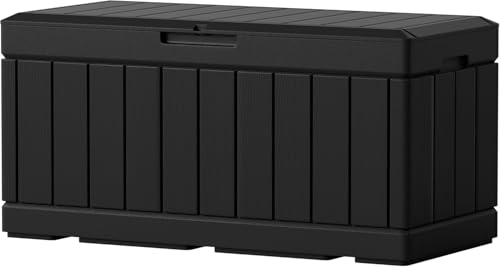 WWI 320L Outdoor Storage Box Lockable Waterproof Deck Box Resin Garden Bench Patio Furniture Garden Tools Chest Cushions Large Storage Cabinet with Lid (Black)