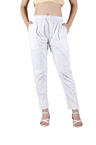 Image of Seva Chikan Hand Embroidered Lucknowi Chikankari White Cotton Palazzo Pant for Women SCL11016