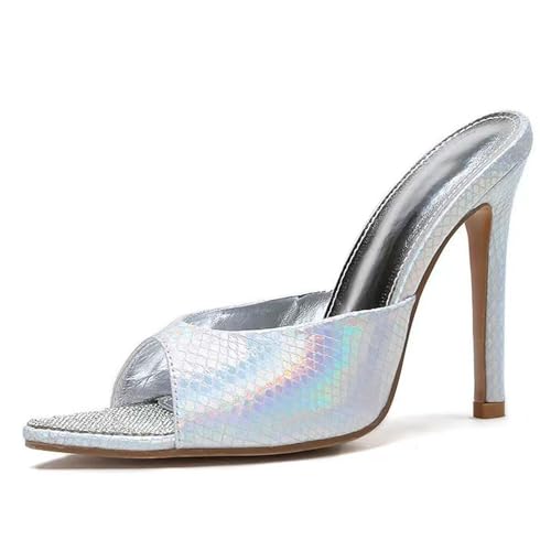 Glitter Pointed Toe High Heels Snakeskin Sandals For Women 2025 Open Toe Rhinestones Slip On Stilettos Backless Club Ballroom Party Sexy Dress Slides