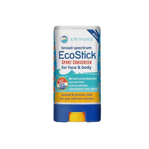 STREAM2SEA EcoStick SPF 35 Mineral Sunscreen Stick, Sweat Water Resistant Sunblock, USDA Approved Biodegradable Paraben Free Reef Safe Sunscreen Protection Against UVA UVB (EcoStick Sport) - 0.5 oz