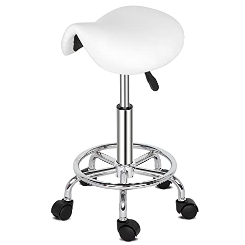 Ergonomischer Sattelhocker, Rollhocker, Bürohocker 47-62 cm Höhenverstellbarer Massagehocker, 360° drehbar für Schönheitssalon, Spas und Büro (Weiß) Cover