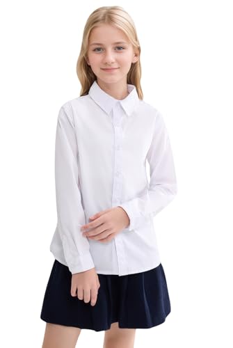 SOLOCOTE Girls White Dress Shirt Long Sleeve School Uniform Blouse Formal Button Down Top for Big Kids