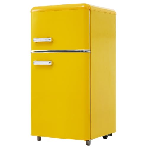 Mini Frigo Rétro 72L avec Congélateur 21L, Frigo Top Double Porte pour Chambre, Bureau et Studio, Petit Frigo Congélateur LED 46 x 45 x 91 cm, Jaune
